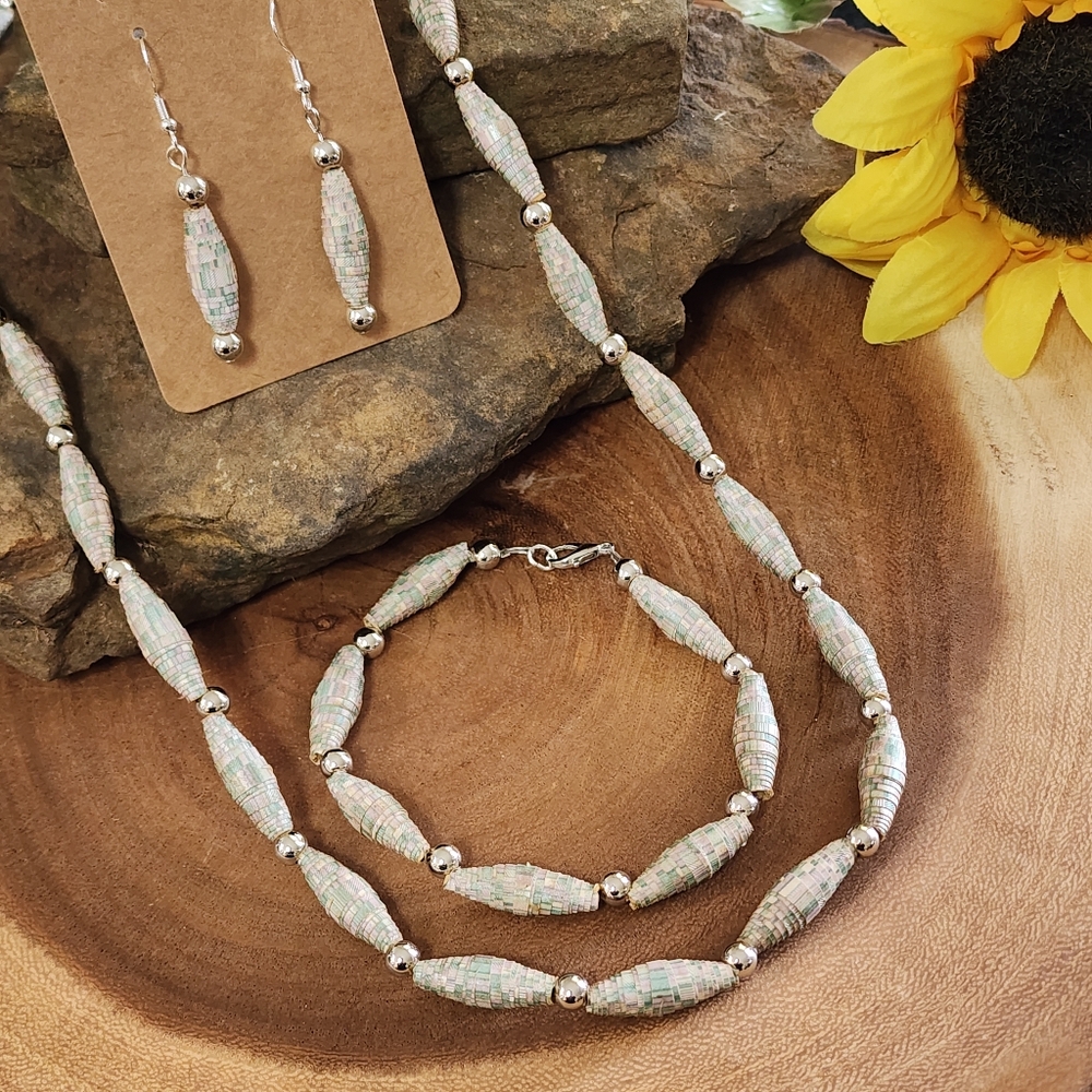 Hand Crafted Multi-Colored Necklace, Bracelet, And Earrings Upcycled Paper Beads
